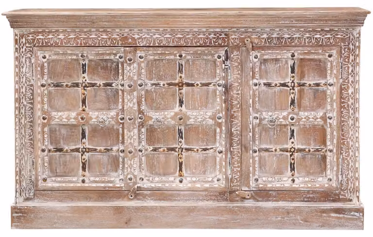 Credenza Marrakesh Boho con ante in legno massiccio alta 150 cm come mobile da salotto | cassettiera decorativa vintage Hira intagliata a mano per riporre oggetti di stile in sala da pranzo e camera da letto