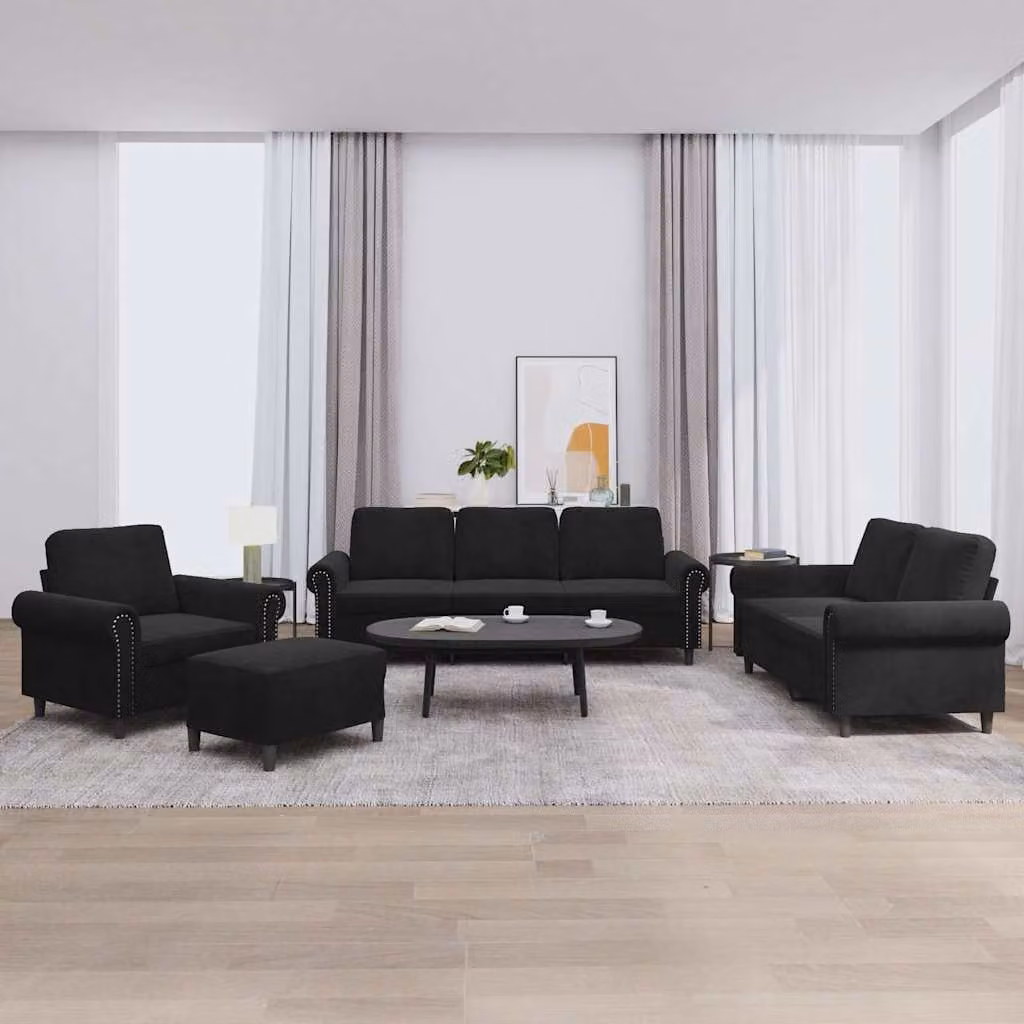 vidaXL Set di Divani Moderno 4 Pezzi in Velluto Nero con Cuscini e Pouf per Soggiorno – 1