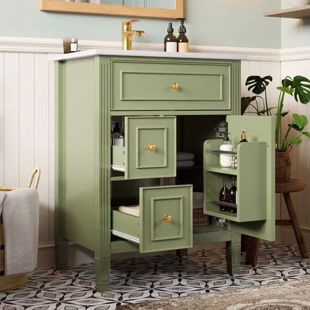 Mobiletto da bagno a terra ¨C Minimal ¨C Verde lucido, 61cm, con cassetti e anta con ripiani