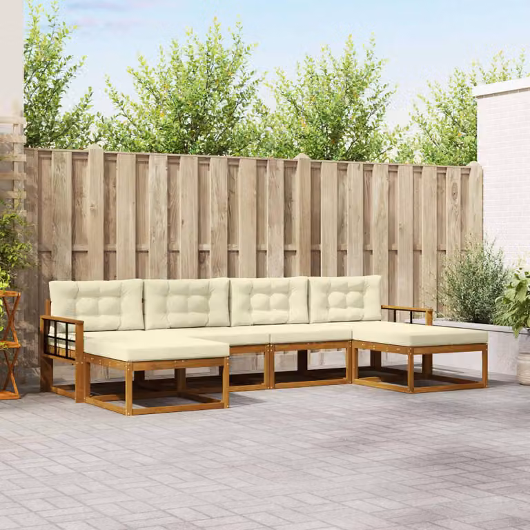 Set di divani da esterno vidaXL a forma di L con pouf, in legno di acacia e tessuto beige e bianco