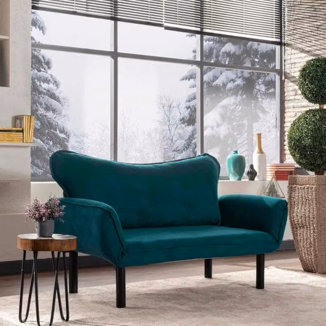 Divano Letto 2 Posti con Contenitore Hone DMORA, Rivestimento in Velluto Azzurro, L: 140 cm, P: 65 cm – 1