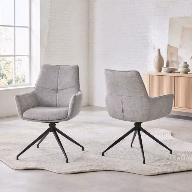 Set di 2 Sedie Girevoli a 360° con Rivestimento in Tessuto Grigio e Struttura in Metallo Nero per Sala da Pranzo