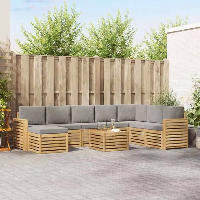 Set di divani da esterno vidaXL a forma di L composto da 9 pezzi con tavolo da caffè, pouf e cuscini, in legno di acacia e tessuto resistente ai raggi UV, Bianco e Grigio