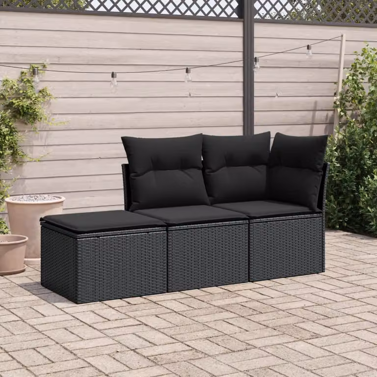 vidaXL Set Divani da Giardino 3 pz a Forma a L in Polyrattan Nero con Cuscini