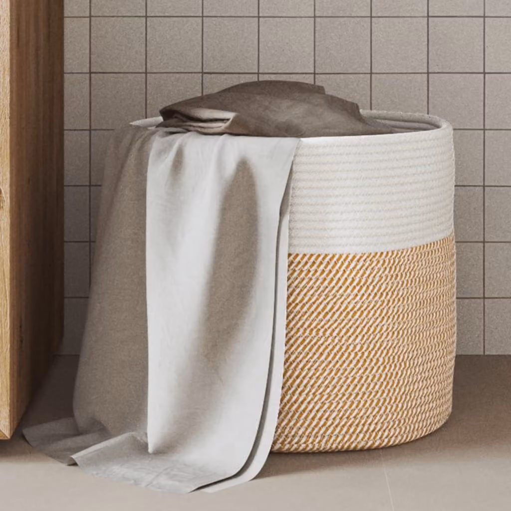 vidaXL Cestino Portaoggetti in Cotone Multicolore Marrone e Bianco con Maniglie e Trama Aperta, Diametro: 40 cm, Altezza: 35 cm