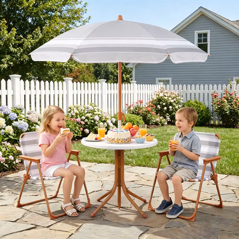 Set tavolo e sedie da giardino per bambini Costway con ombrellone regolabile in altezza, 4 pezzi, Marrone e Bianco