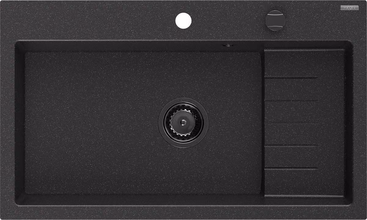 Mexen Omar lavello in granito 1-vasca 800 x 480 mm, nero/argento metallico, sifone nero - 6520801005-73-B