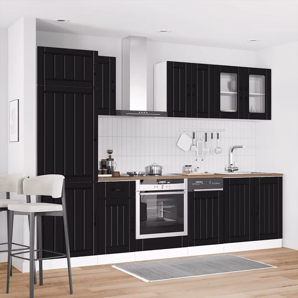 Set di mobili da cucina moderno vidaXL Kalmar composto da 8 pezzi in nero con ante in vetro e ripiani interni