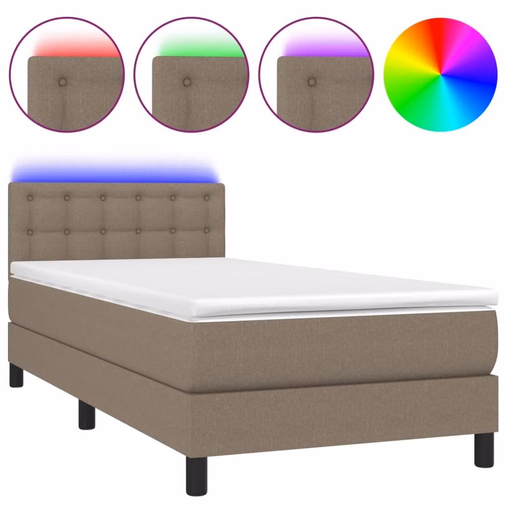 Letto a Molle con Materasso e LED Tortora 90x200 cm in Tessuto