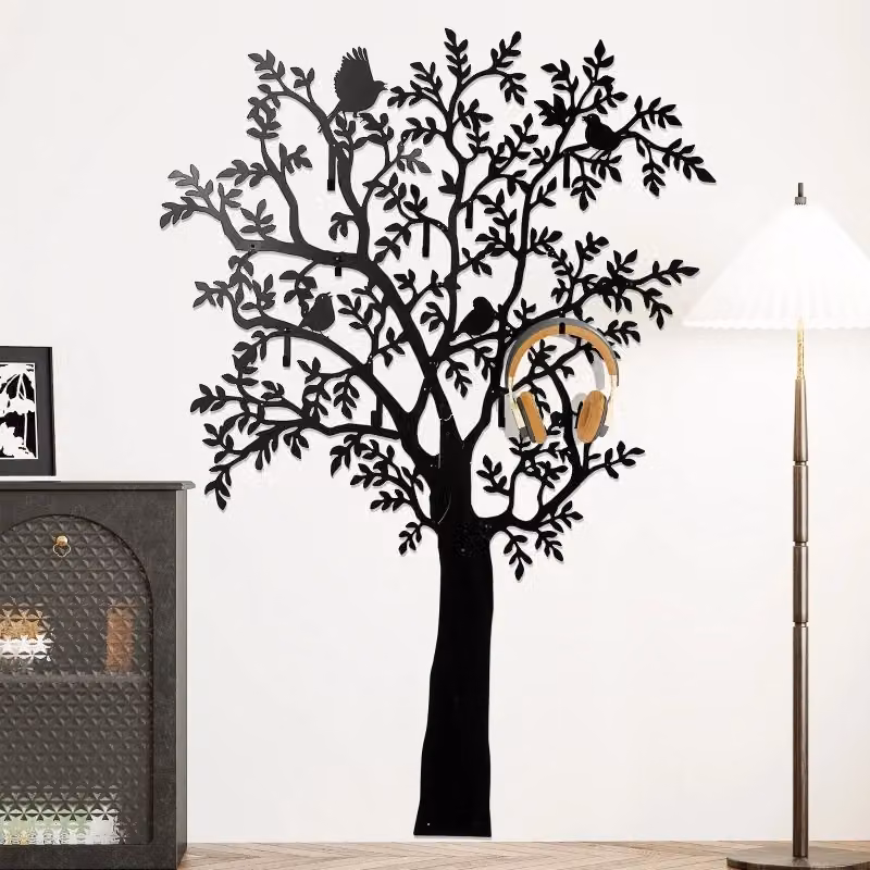 Scaffale da parete OKWISH con design ad albero, 8 ganci e decorazioni con uccelli, in metallo nero opaco, L: 99 cm, H: 78 cm, P: 7 cm – 2