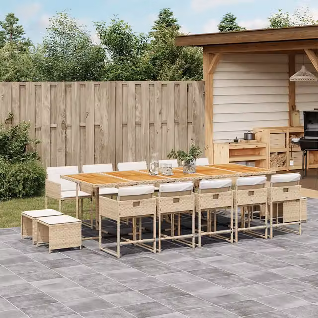 Set da pranzo da giardino vidaXL in polyrattan con cuscini beige e tavolo in legno di acacia, 15 pezzi – 1