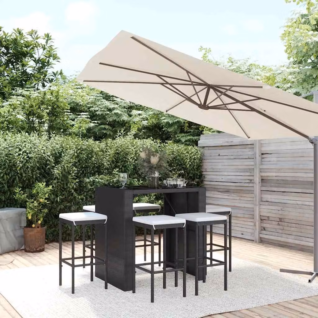 Set Bar da Giardino vidaXL in Polyrattan Nero con Cuscini e Piano in Vetro, 7 Pezzi