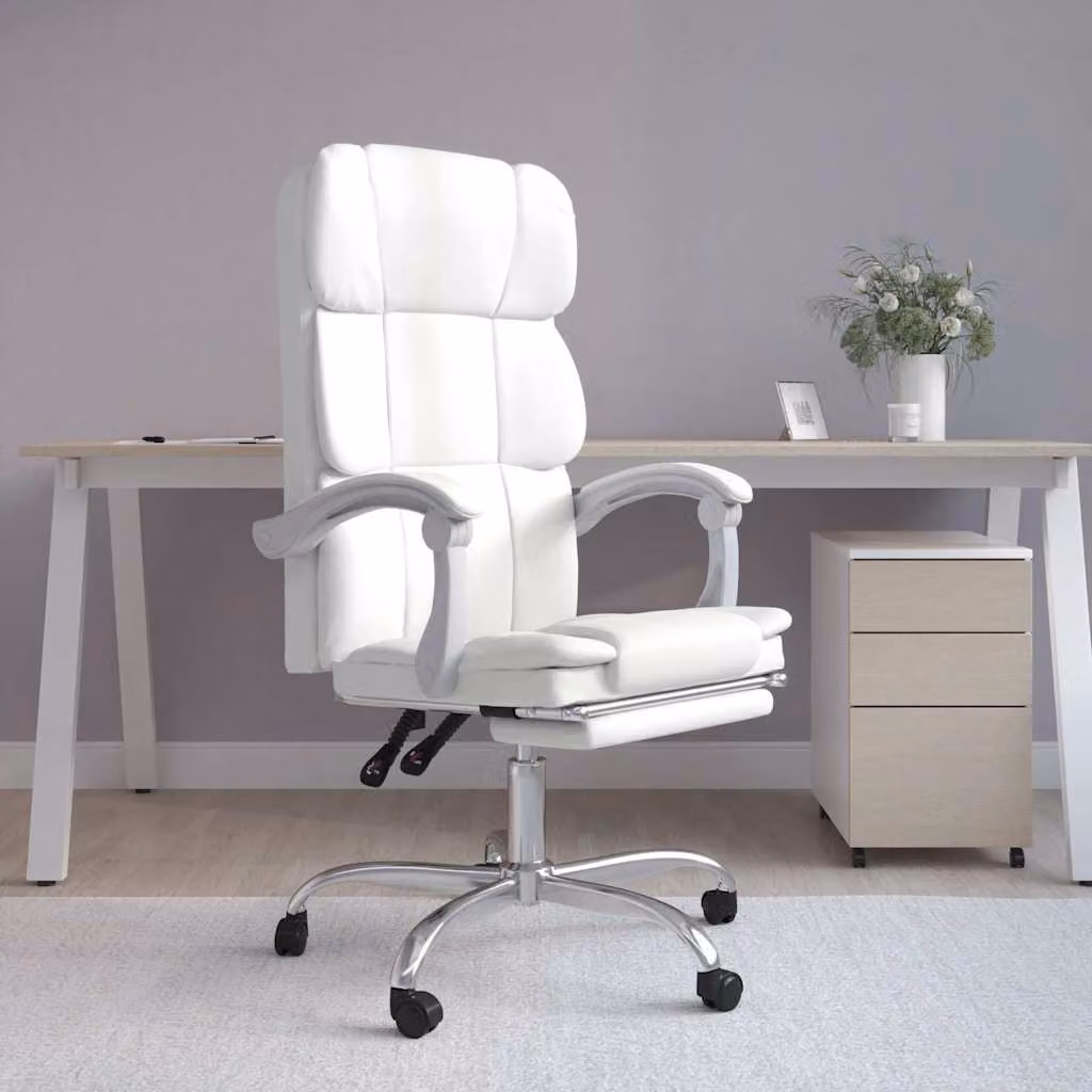 vidaXL Poltrona da Ufficio Executive Reclinabile in Similpelle Bianca con Braccioli e Ruote, L/P/H: 63 x 56 x 122 cm