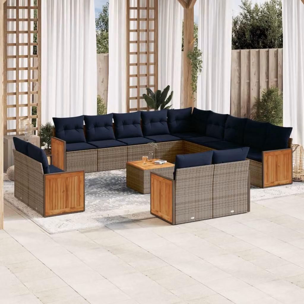 Set di divani da giardino vidaXL 14 pezzi in polyrattan e legno di acacia oliato con cuscini grigi e blu per esterno