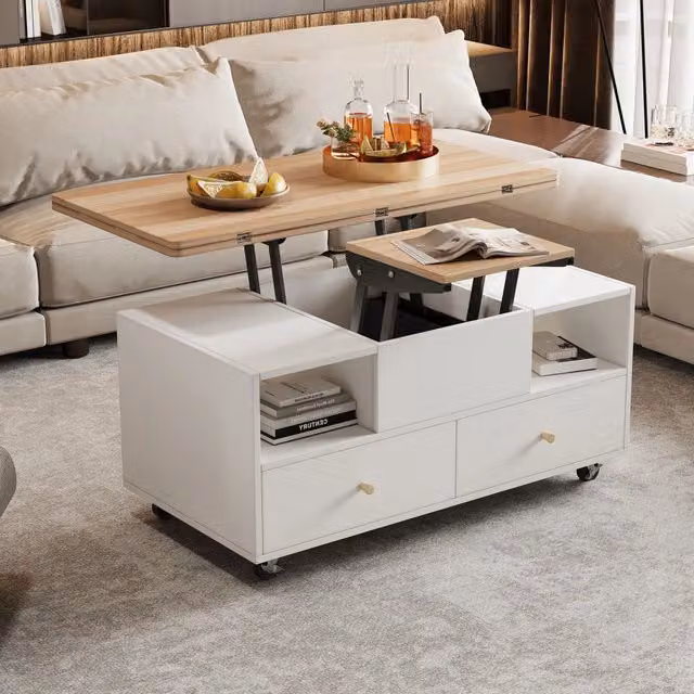 Tavolino basso alzabile MIVRAY con piano pieghevole e 4 cassetti in MDF, bianco e color legno, L/P/H: 100 x 50 x 47.5 cm