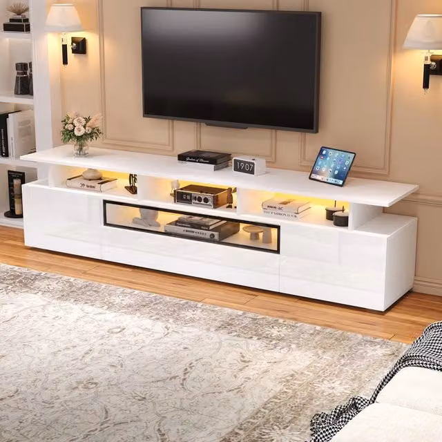 Mobile TV con LED ¨C Minimal ¨C 180x38x45cm effetto lucido con 2 ante, 1 cassetto e ripiani per soggiorno adatto a TV 75 pollici
