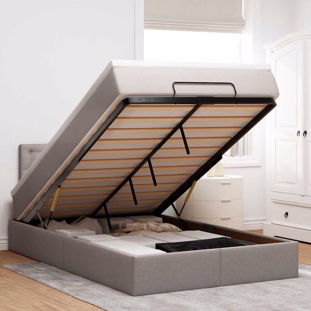 Letto con contenitore a sollevamento e materasso vidaXL in tessuto beige e grigio L: 120 cm, P: 200 cm, H: 88 cm – 1