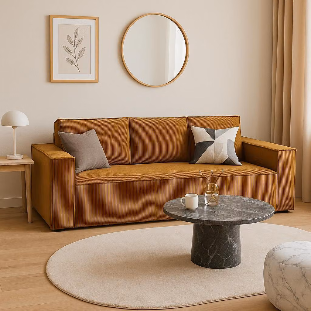 Divano letto marrone chiaro senape GUTTO CORDA in tessuto a coste con funzione letto - Design moderno in colori alla moda