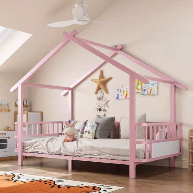 Letto per bambini in metallo a forma di casetta 90x200 cm con sponde di sicurezza, tetto decorativo e struttura rosa