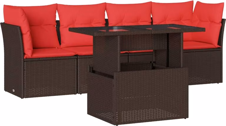 Set Divani da Giardino 5 pz con Cuscini Marrone in Polyrattan