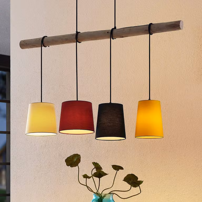 Lampada a sospensione Hinai Lindby, dimmerabile, Legno chiaro, Soggiorno / Sala da pranzo, Tessuto / Stoffa / Seta, Scandinavo, Lampada a sospensione