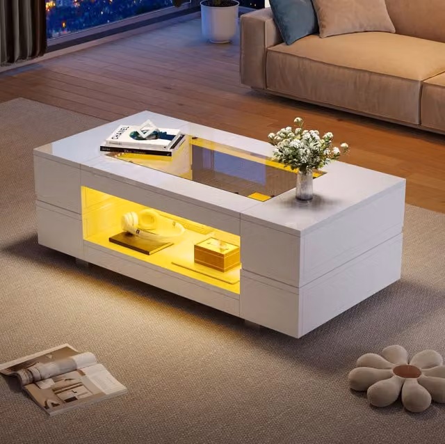 Tavolino da caffè LED bianco 100x50x35 cm con app Bluetooth e ripiano in vetro