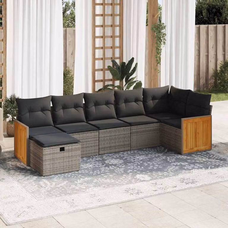 Set Divani da Giardino vidaXL 7 pz in Polyrattan Grigio con Cuscini e Struttura in Acciaio e Legno di Acacia
