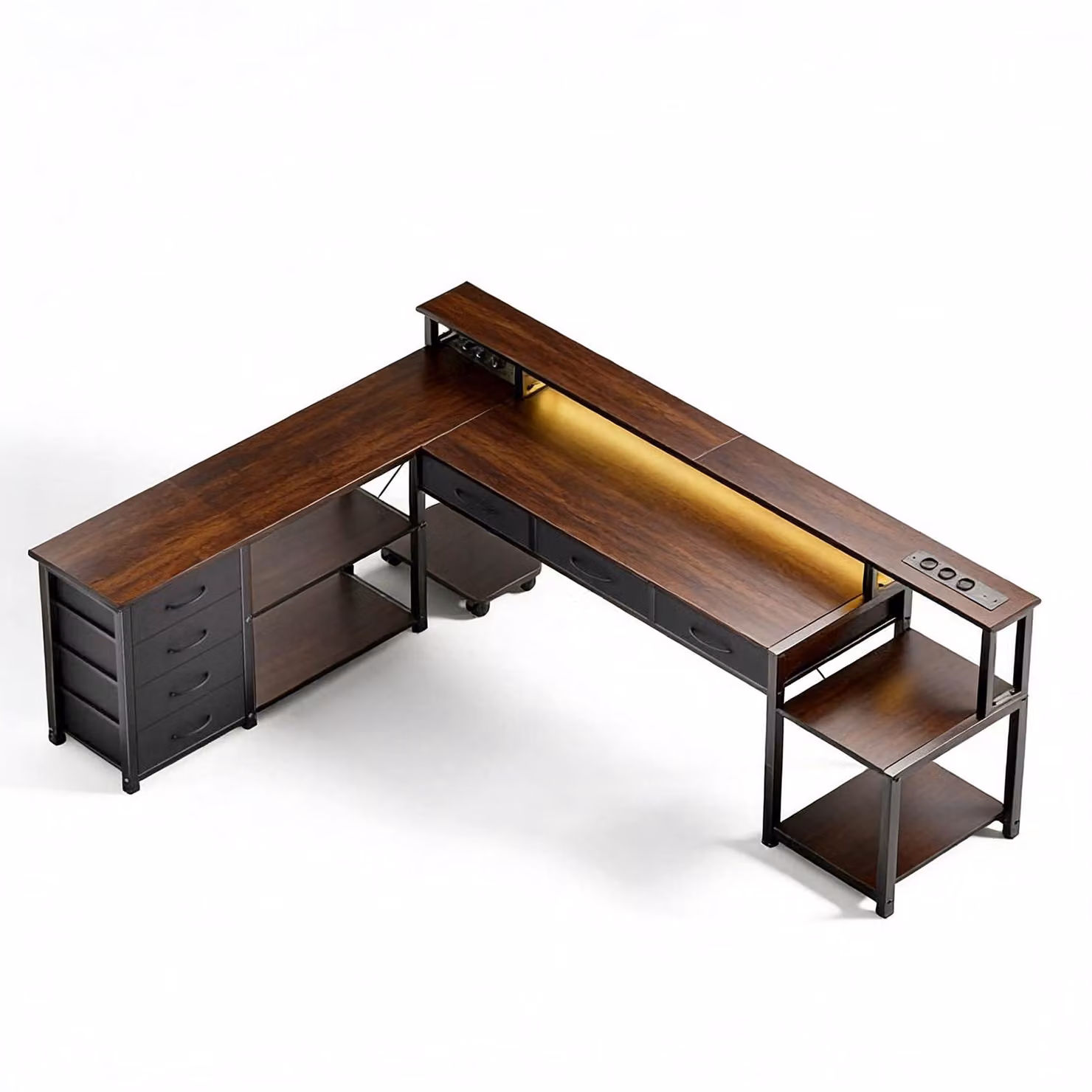 AIORBER Scrivania angolare a forma di L con cassetti, prese elettriche e USB, supporto per monitor, illuminazione a LED, reversibile 200×146 cm, marrone