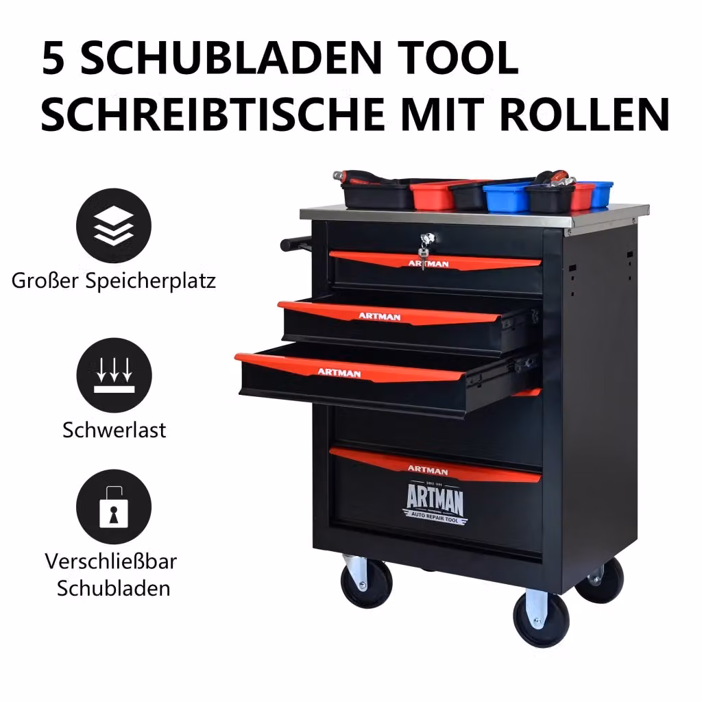 Carrello portautensili multifunzionale Weimin in metallo con 5 cassetti e piano di lavoro, disponibile in nero o rosso – 2