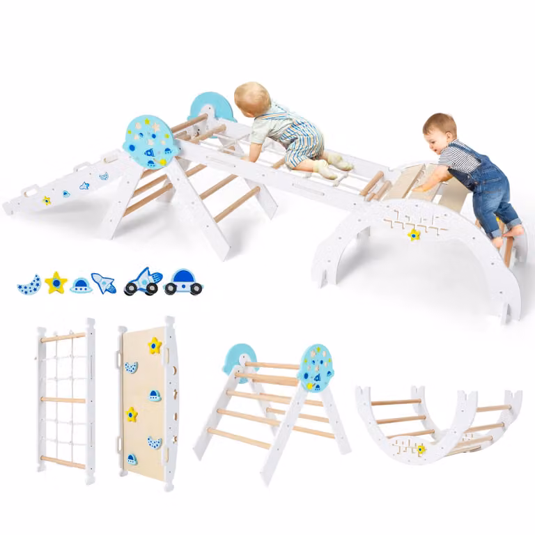 COSTWAY: set di 4 strutture da arrampicata per interni, triangolo pieghevole con scivolo, arco di arrampicata, rete, rampa bifacciale, set di mattoncini e 2 macchinine per bambini di età superiore ai 3 anni