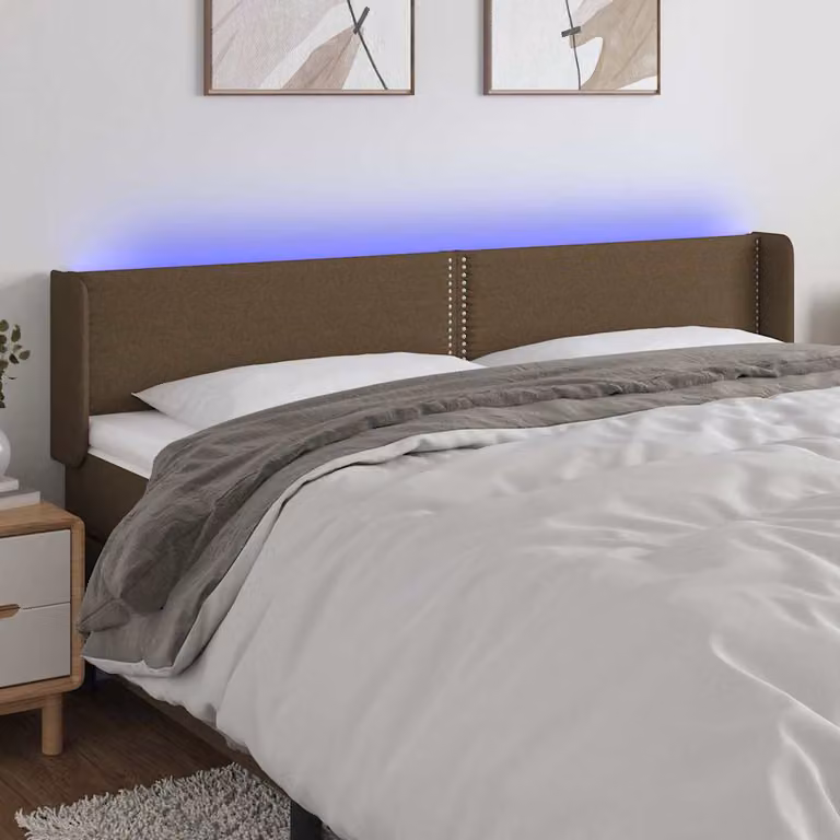 Testiera per letto vidaXL in tessuto marrone scuro con illuminazione LED e porta di ricarica USB, L: 183 cm, P: 16 cm, H: 78-88 cm