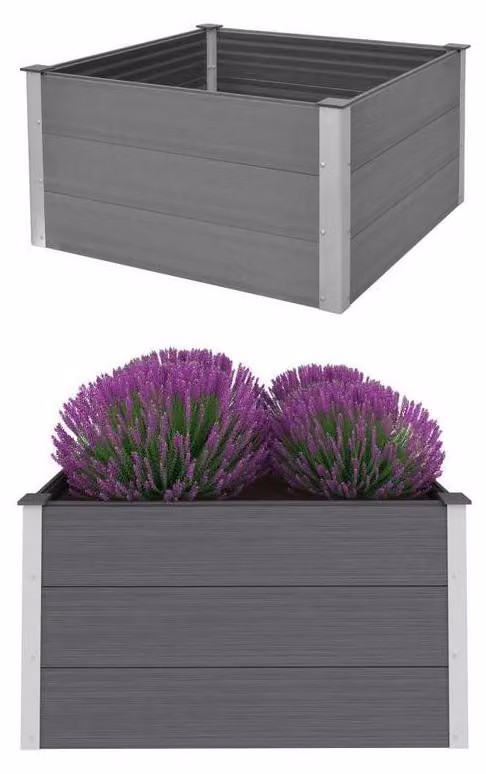 Vasca da giardino rialzata, dimensioni 100x100x54 cm, in WPC grigio, dal design moderno e semplice, ideale per il giardino