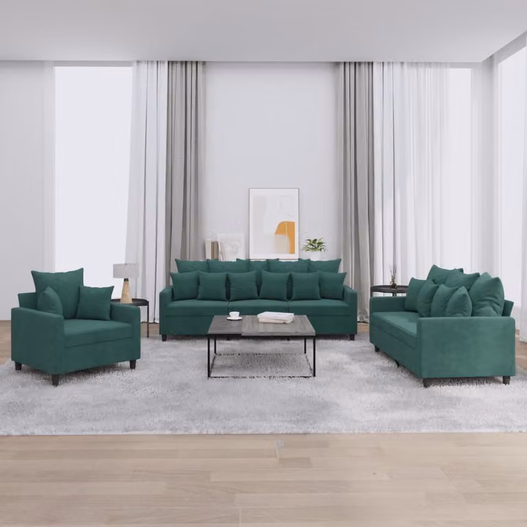 Set di divani 3 pezzi vidaXL in velluto verde con cuscini per soggiorno in stile moderno