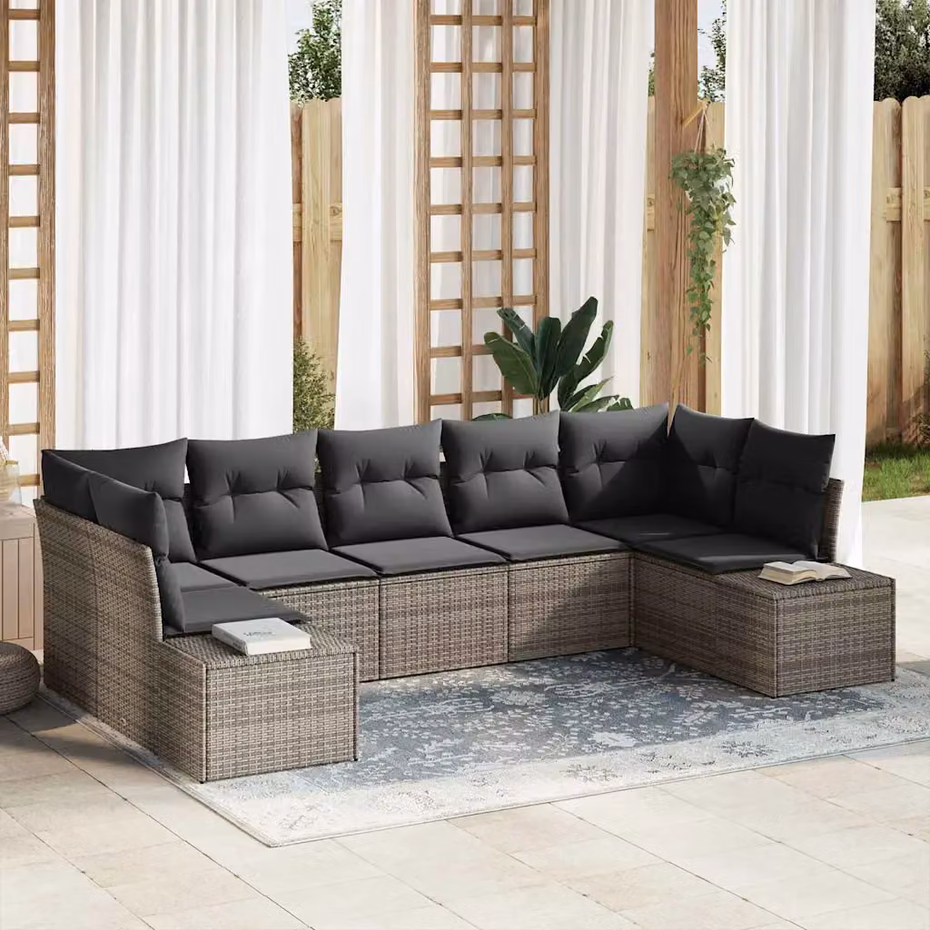 Set Divano da Giardino vidaXL a 7 posti in Rattan Grigio con Cuscini e Struttura in Acciaio – 1