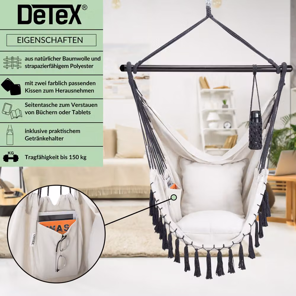Poltrona sospesa DETEX in stile boho con cuscini inclusi, disponibile nei colori beige, grigio o bianco, L: 170 cm, P: 100 cm, H: 150 cm – 2