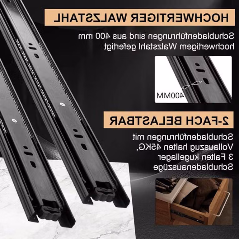 Guide scorrevoli nere, lunghezza 400 mm, capacità di carico 45 kg, pieghevoli in tre punti, completamente estensibili, montaggio laterale, guide per prestazioni ottimali