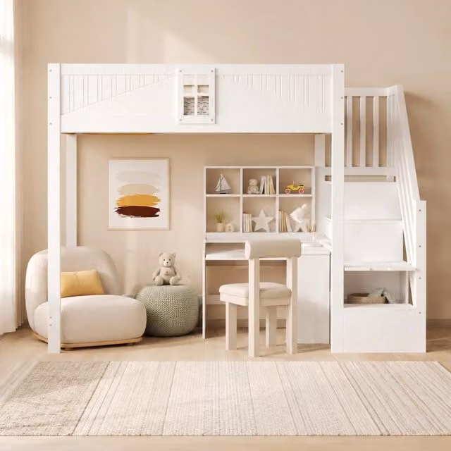 Letto a soppalco ULEVR 90x200 cm in legno bianco con scala reversibile, sponde e ripiano laterale
