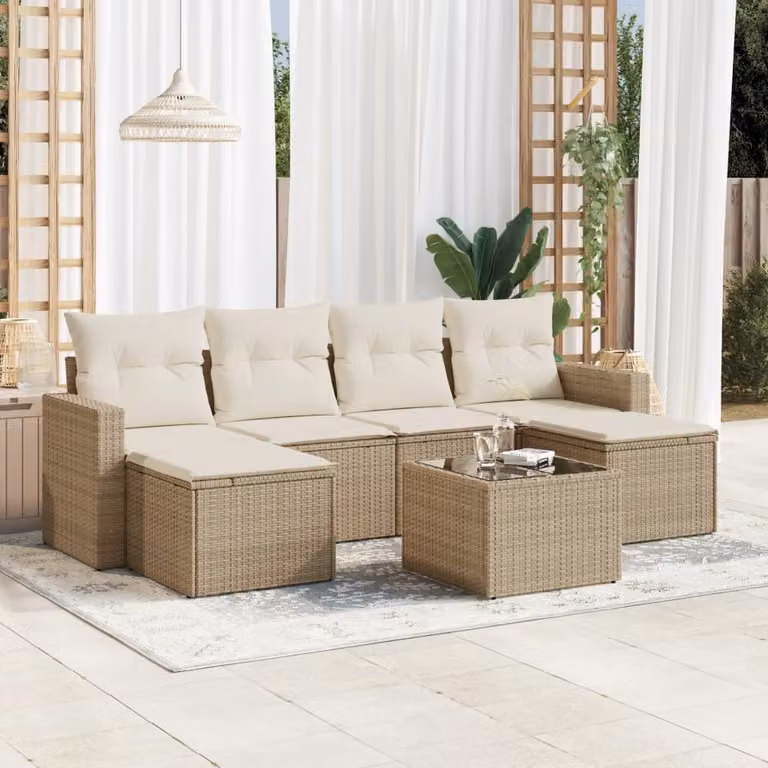 Set di divani da giardino vidaXL in polyrattan beige con cuscini e tavolino da esterno a forma di L per 7 persone