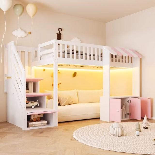 Letto a soppalco singolo REDOM per bambini con scala contenitore e scomparti laterali, legno e MDF laccato, Rosa e Bianco, L: 200 cm, P: 90 cm, H: 253 cm
