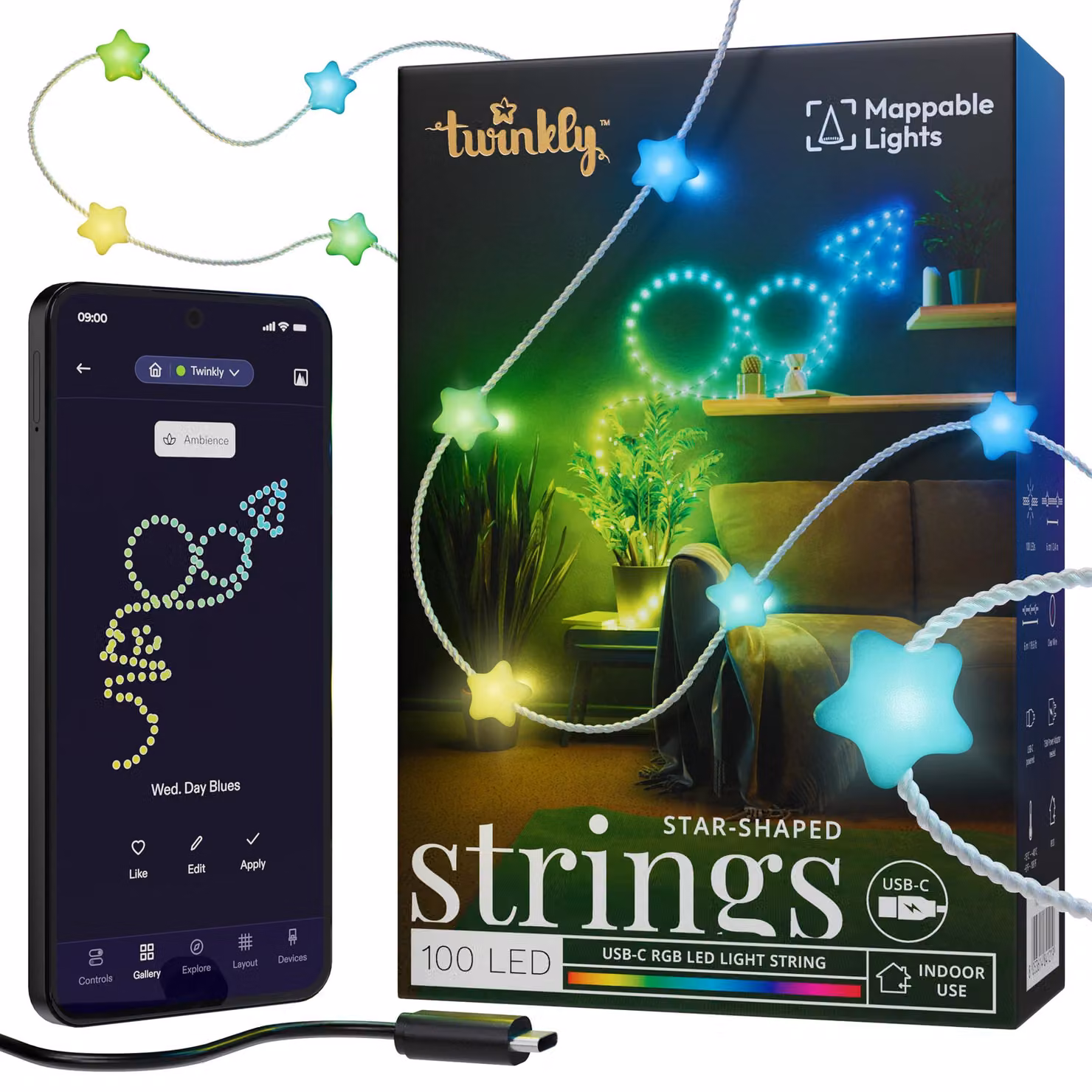 Catena luminosa a LED a forma di stella, 100 LED RGB, connettore USB-C, lunghezza 6 metri, trasparente