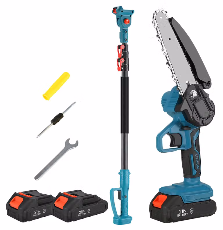 Troncatrice a catena elettrica, potenza 600W, batteria 21V, portata regolabile tramite telescopio, con 2 batterie