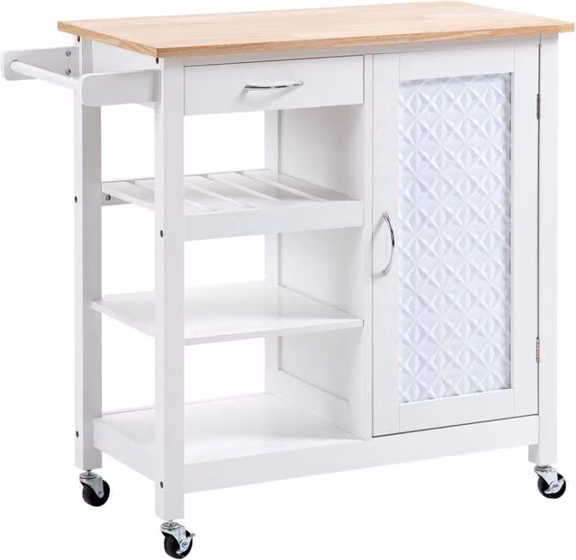 Per casa: Carrello da cucina bianco 92x40x84cm con 1 cassetto, 1 armadietto, 1 ripiano a 3 livelli, ruote e portasciugamani