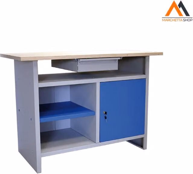 Banco da lavoro PROMETAL in acciaio e legno, blu e grigio, L/P/H: 120 x 60 x 84 cm