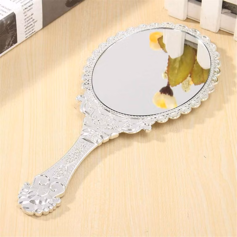 Specchio ovale per il trucco, design vintage, specchio da mano, argento, ideale per la cosmetica