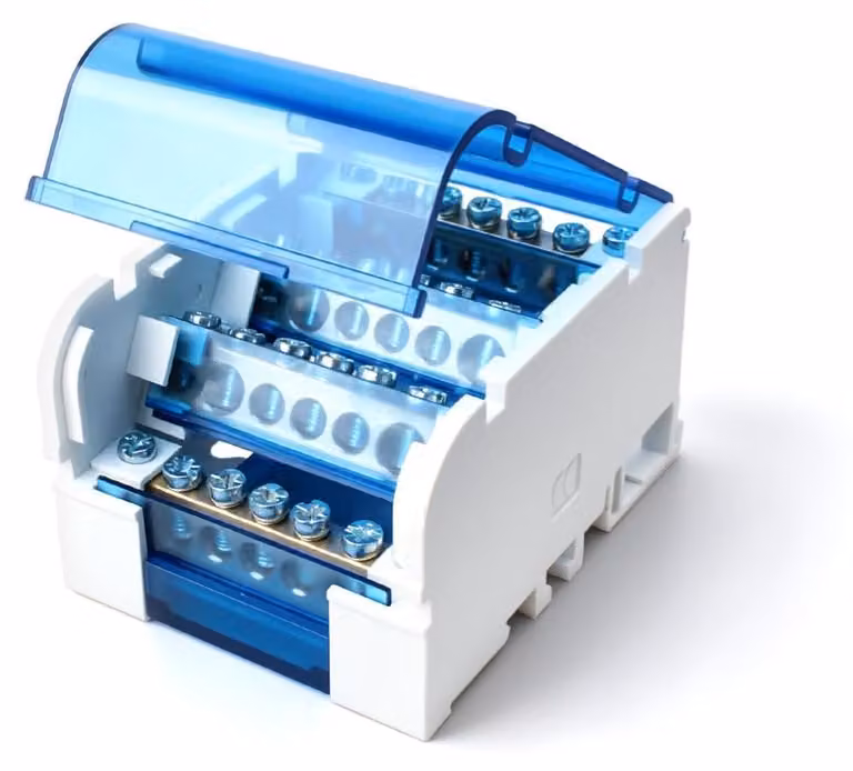 Blocco di connessione per quadro elettrico, 125A, 4 ingressi e 24 uscite, montaggio su guida DIN