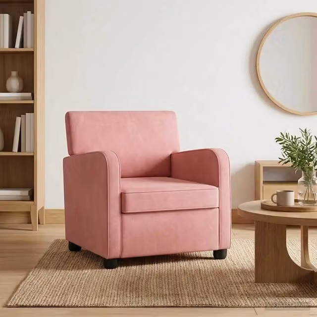 Poltrona moderna in velluto rosa con braccioli per soggiorno e camera da letto