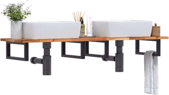 Ripiano a parete per lavabo vidaXL in legno di acacia oliato e metallo nero e marrone