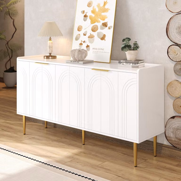 Credenza Merax con 4 ante e ripiani regolabili, credenza con ante ad arco e gambe in ferro dorato, cassettiera moderna bianca