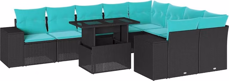 set di divani da giardino da 10 pezzi con cuscini, in polyrattan nero