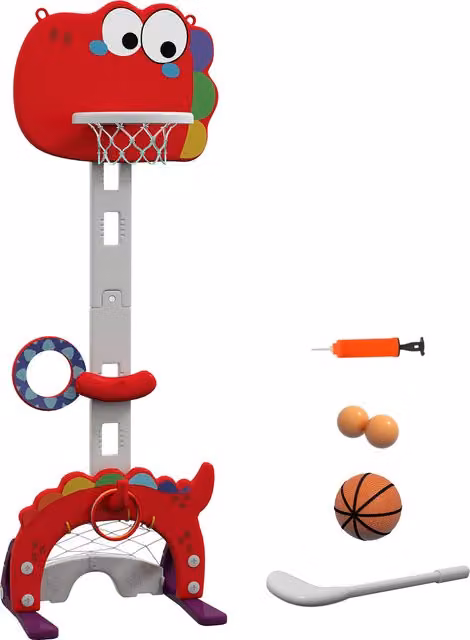 AIYAPLAY Canestro Basket 5 in 1 per Bambini con Altezza Regolabile, Porta da Calcio e Golf, Rosso